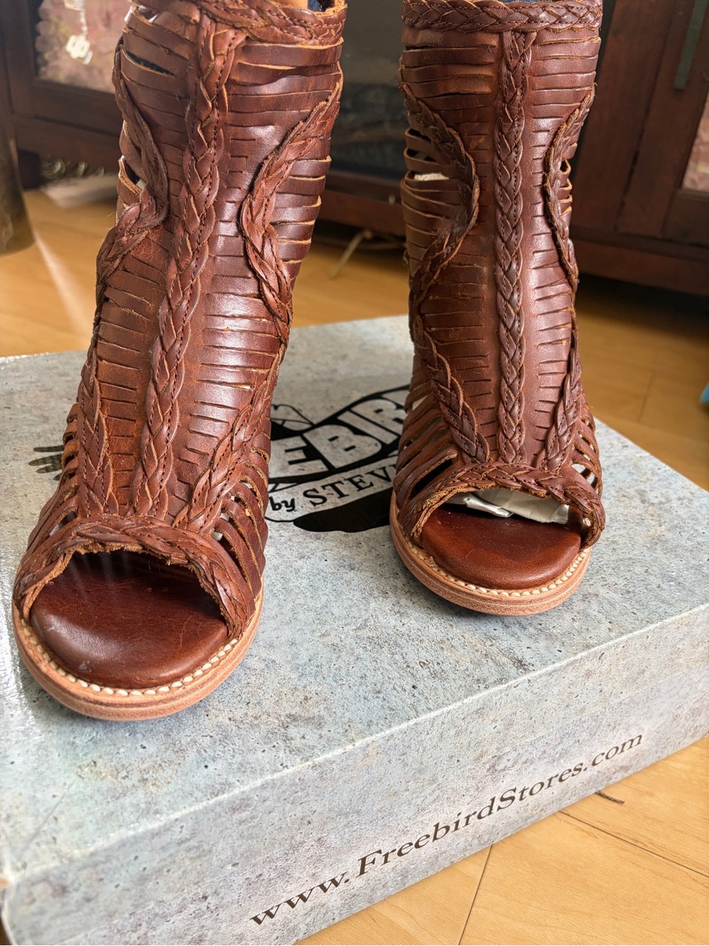 Freebird by Steven Brown Braided Cutout Leather Open-Toe Heel Boots - Picture 3 of 8